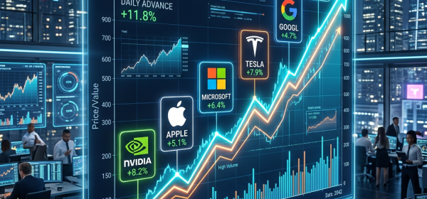 Digital stock market chart showing Tech Innovators Index rising with company logos and percentage gains