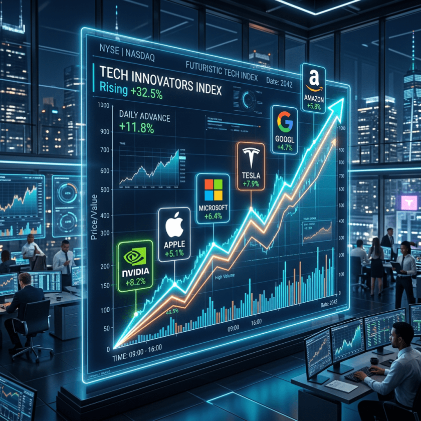Digital stock market chart showing Tech Innovators Index rising with company logos and percentage gains