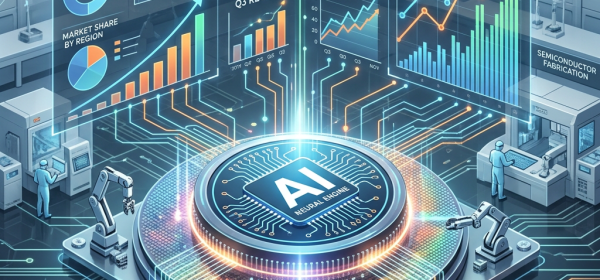 AI neural engine chip with semiconductor manufacturing charts and robotic arms in a factory