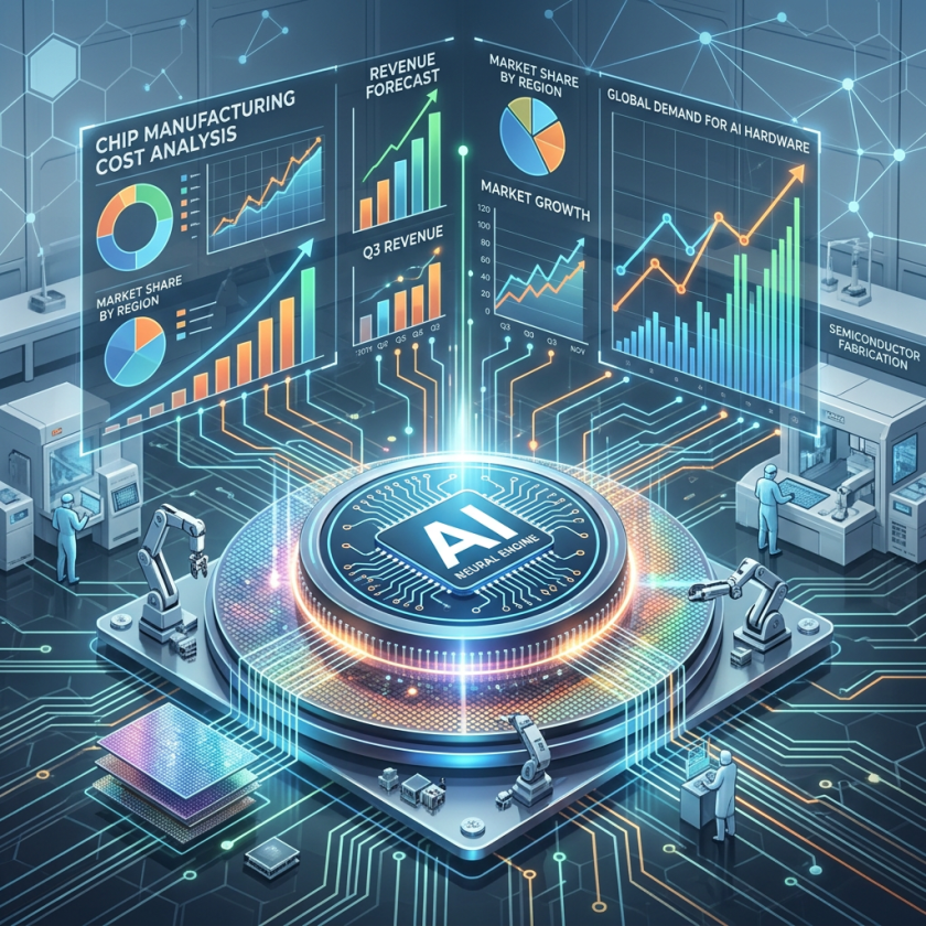 AI neural engine chip with semiconductor manufacturing charts and robotic arms in a factory