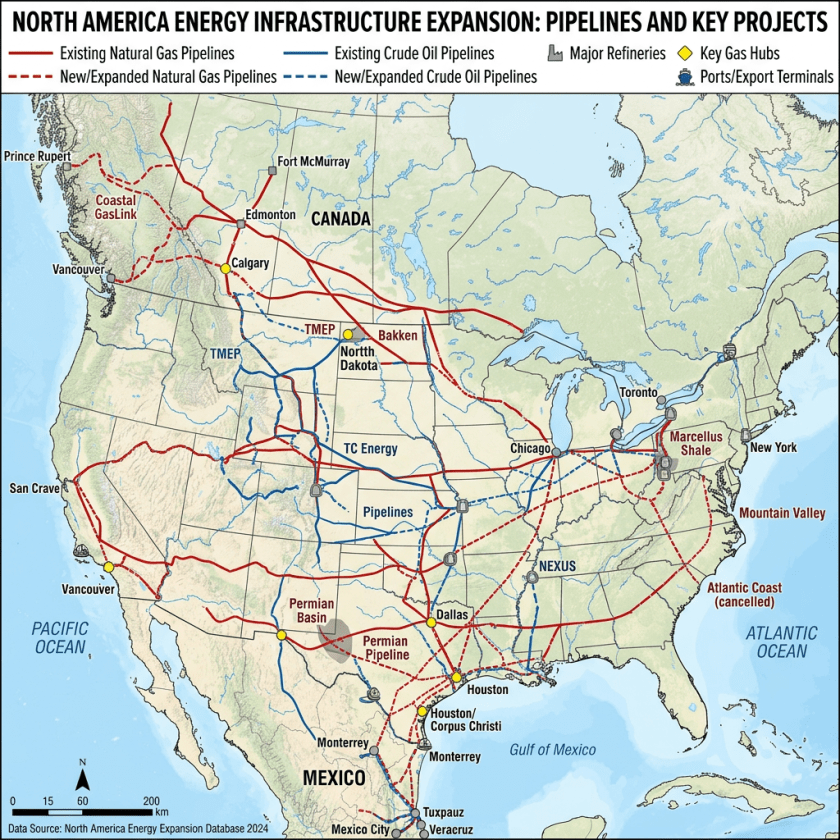 Map of North American natural gas and crude oil pipelines with key gas hubs, refineries, and ports