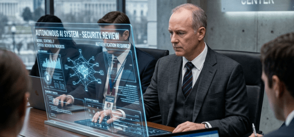 Business executives in a secure operations center analyzing autonomous AI system security data on a transparent digital display