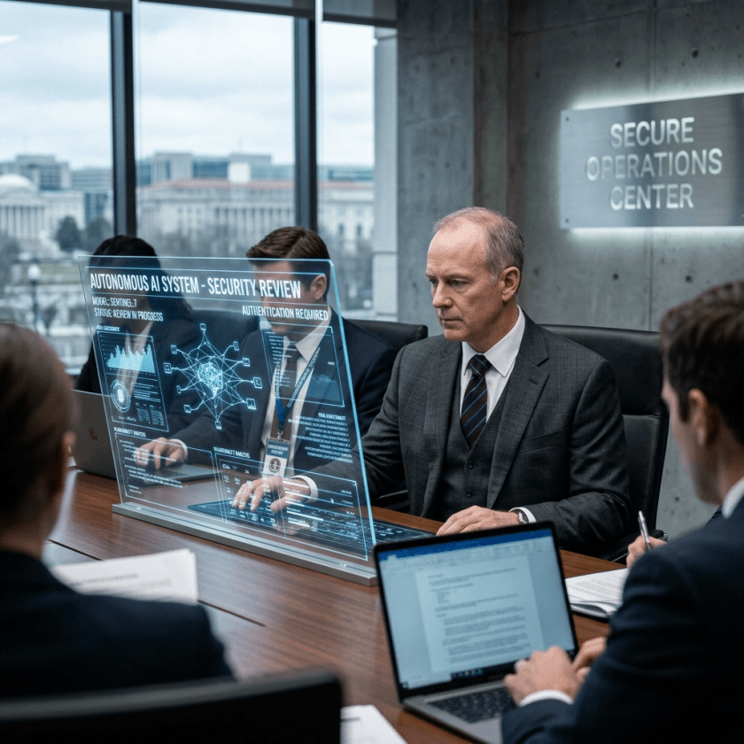 Business executives in a secure operations center analyzing autonomous AI system security data on a transparent digital display