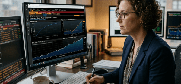 Financial analyst reviewing investment performance charts on computer screens