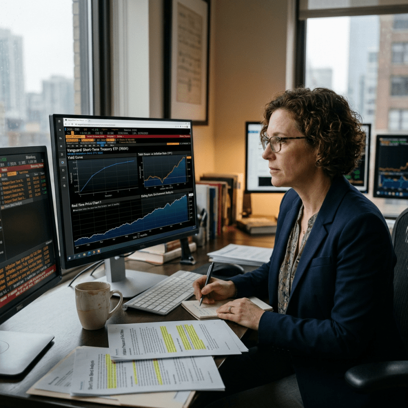 Financial analyst reviewing investment performance charts on computer screens
