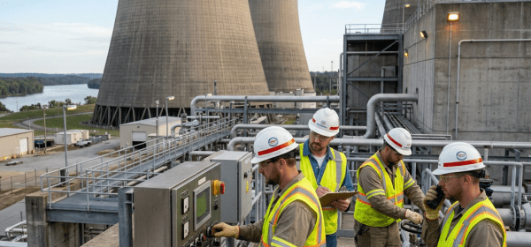 Workers in hard hats and reflective vests operating machinery near cooling towers