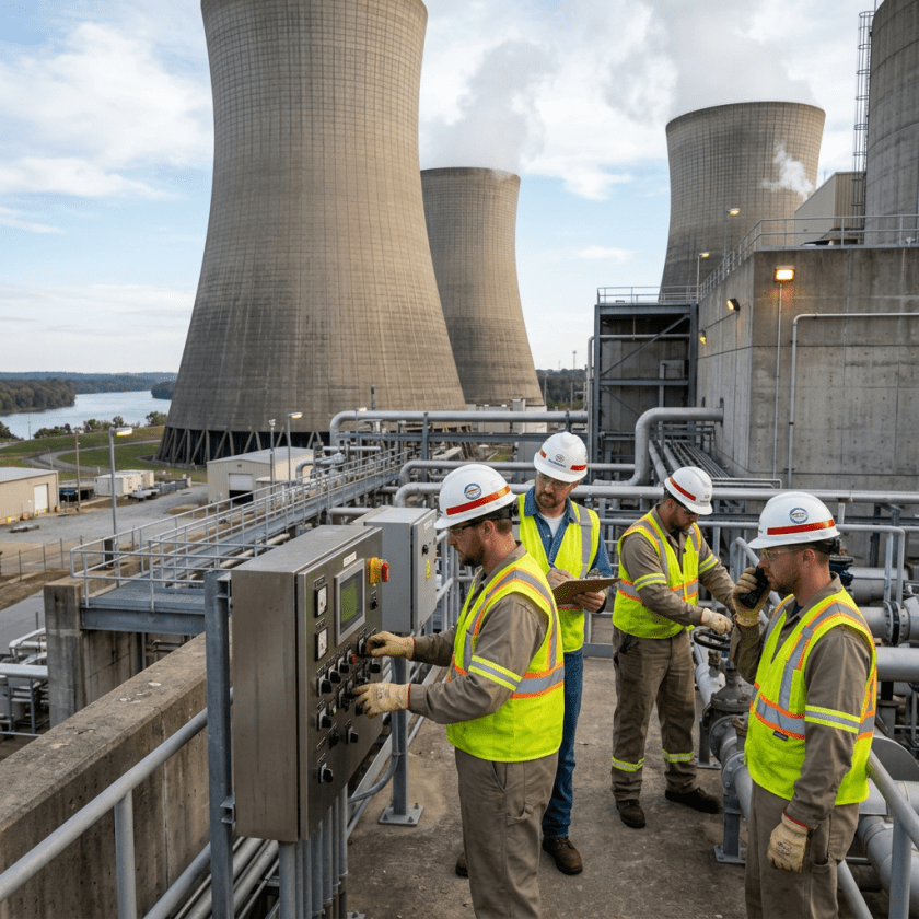Workers in hard hats and reflective vests operating machinery near cooling towers