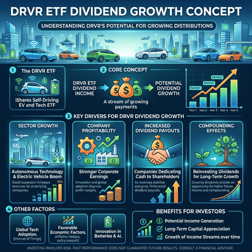 Infographic outlining DRVR ETF dividend growth concept and key drivers