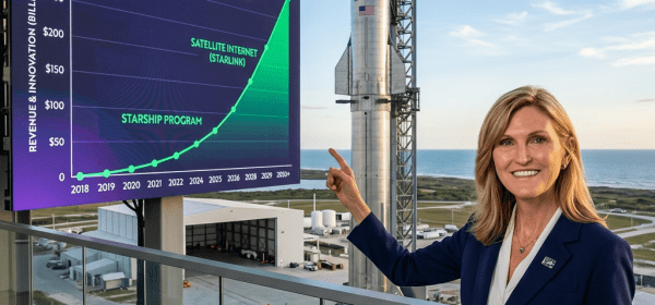 Woman pointing to SpaceX exponential growth chart with Starship rocket in background