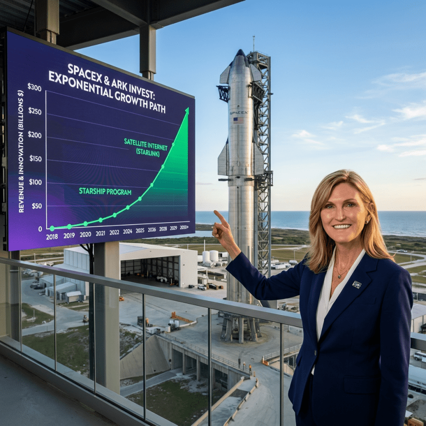 Woman pointing to SpaceX exponential growth chart with Starship rocket in background