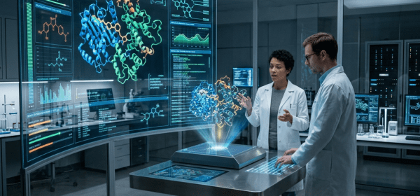 Two scientists interacting with a holographic 3D molecular model in a high-tech laboratory