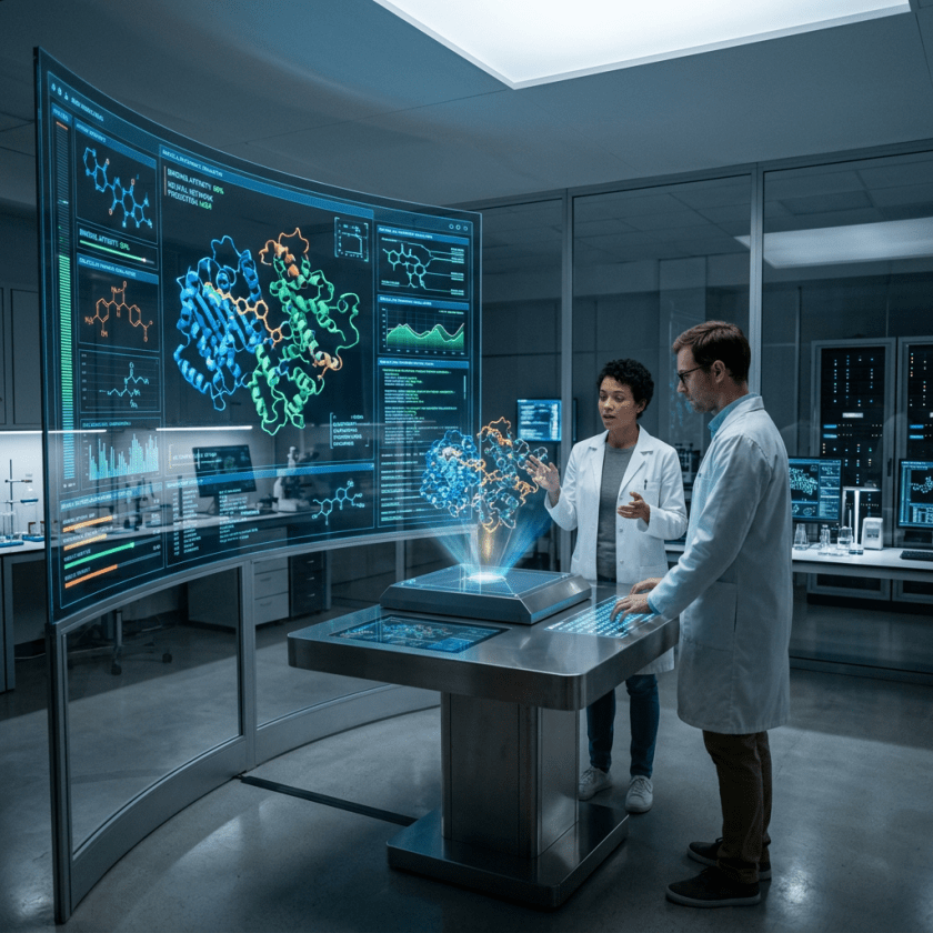 Two scientists interacting with a holographic 3D molecular model in a high-tech laboratory