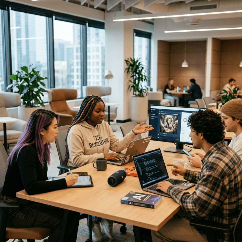 Four people collaborating at a table with laptops, tablet, and monitor in a modern office