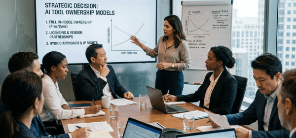 Business professionals in a meeting room reviewing AI tool ownership models on a screen and flipchart