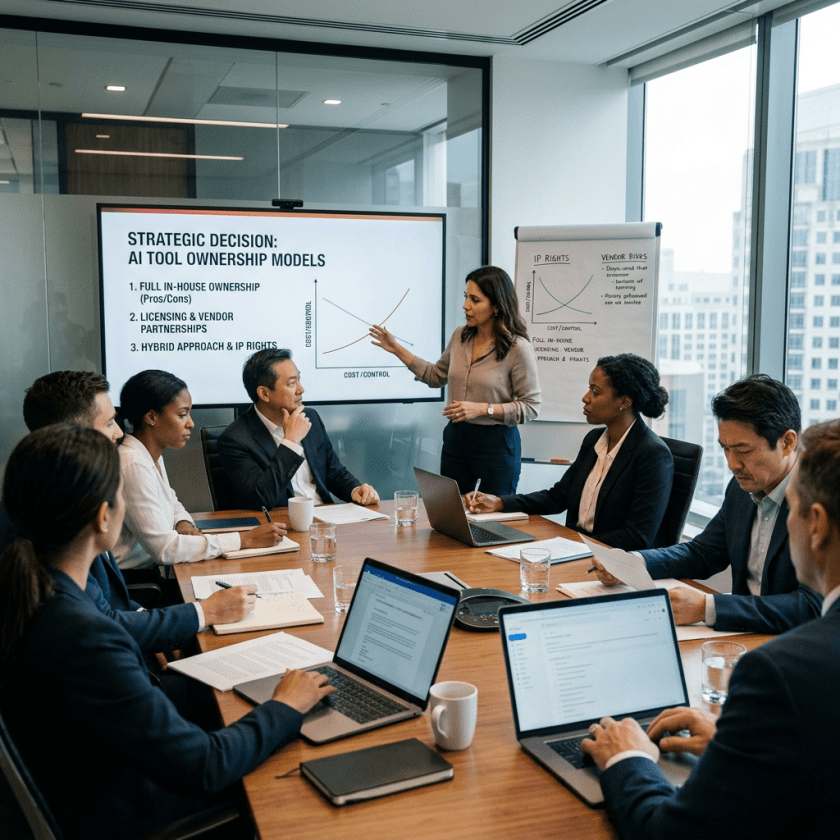Business professionals in a meeting room reviewing AI tool ownership models on a screen and flipchart