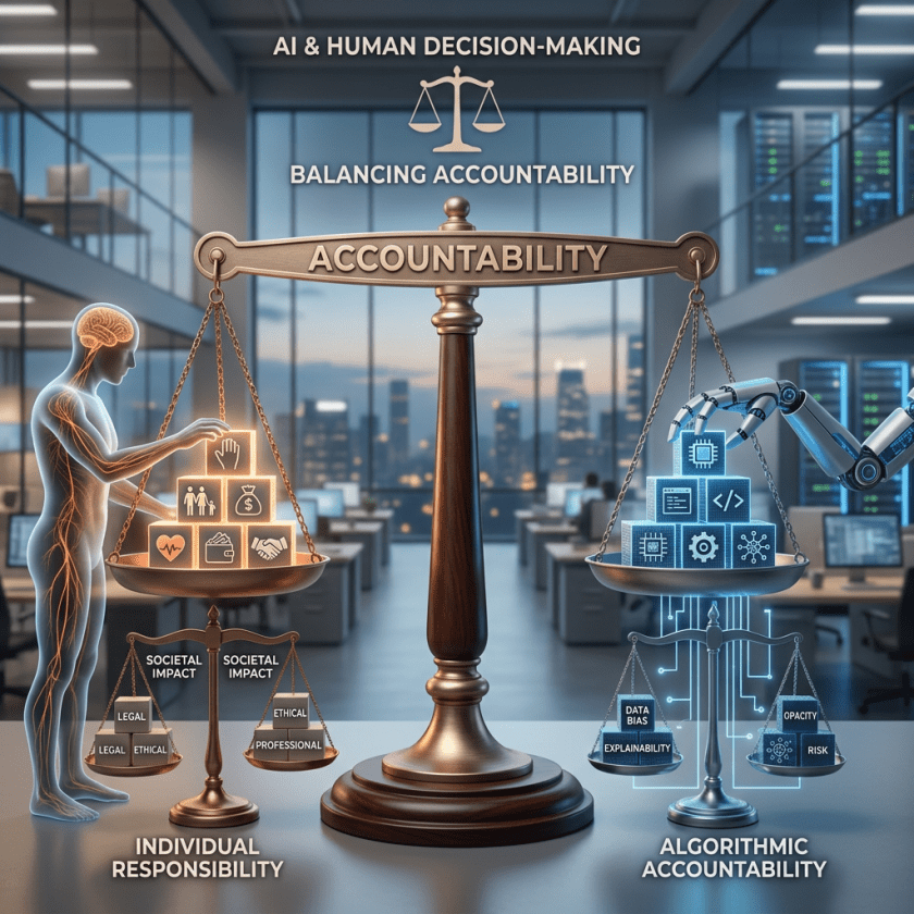 Scale balancing individual responsibility and algorithmic accountability with human and robot sides