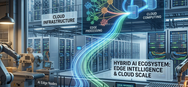 Diagram showing AI edge nodes and sensors connected to cloud infrastructure for hybrid AI ecosystem