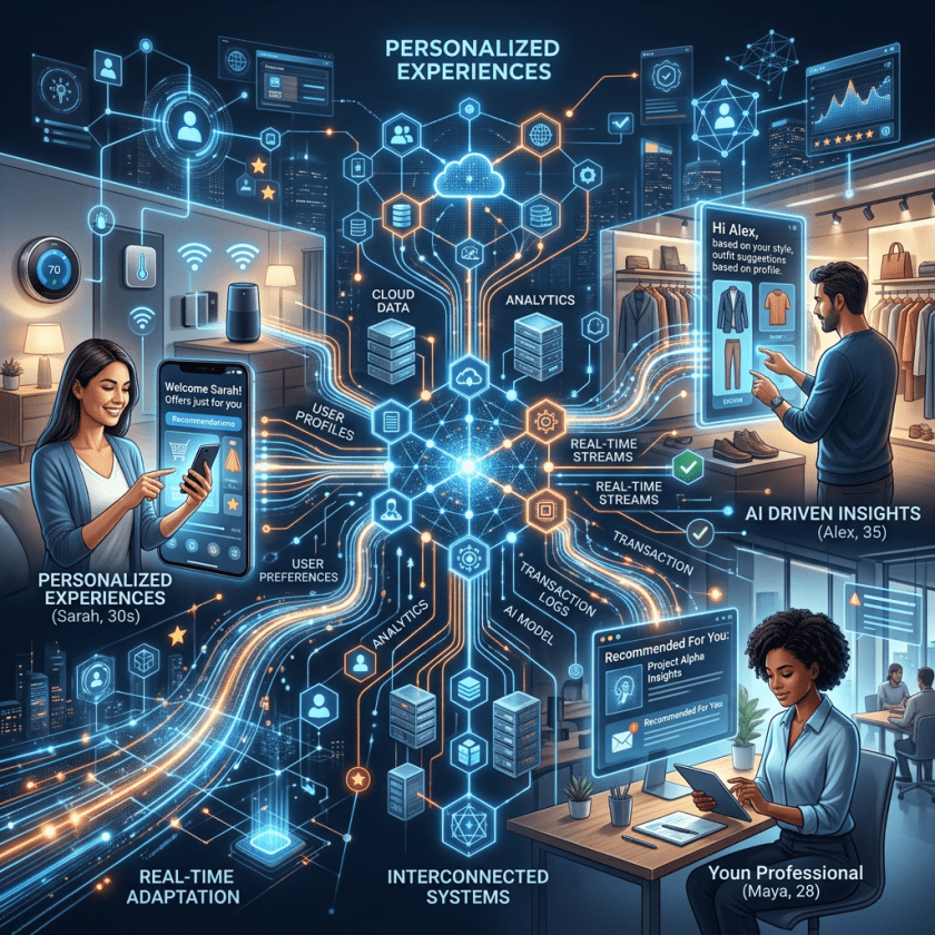 Illustration showing AI-driven personalized experiences with users Sarah, Alex, and Maya interacting with smart devices and systems.