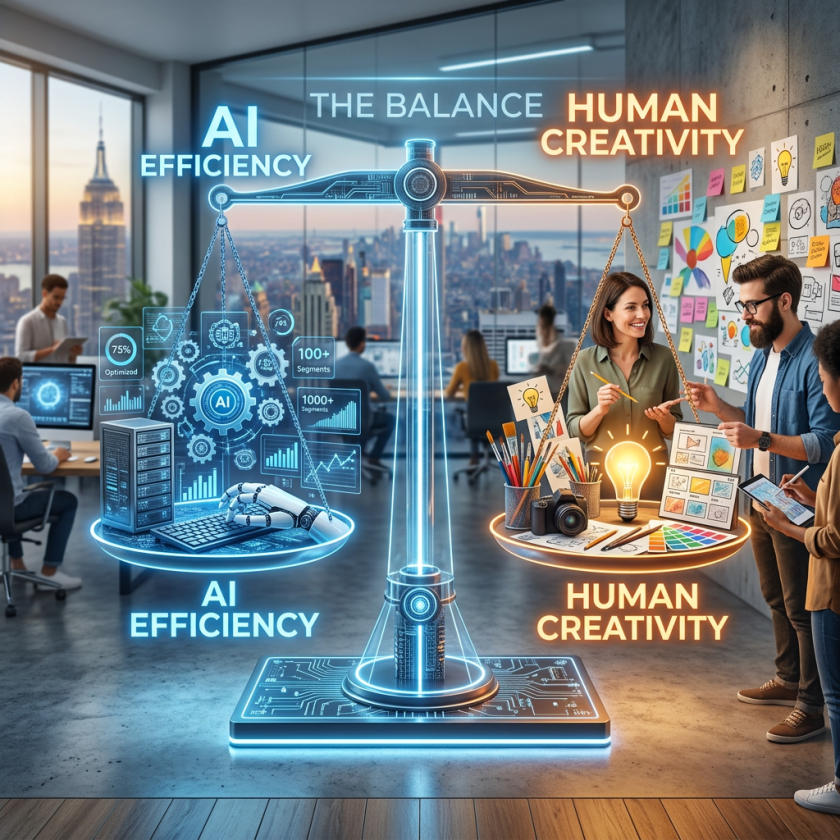 Digital scale weighing AI efficiency with robotic elements against human creativity with people brainstorming