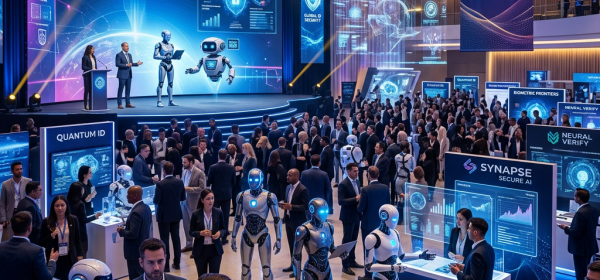 Crowded technology conference with humanoid robots and professionals discussing AI and secure identity solutions
