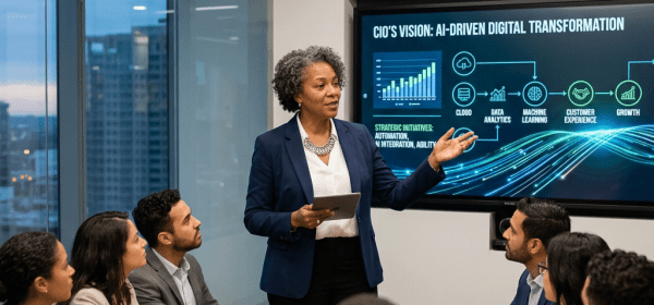 Businesswoman presenting AI digital transformation strategy to colleagues in conference room
