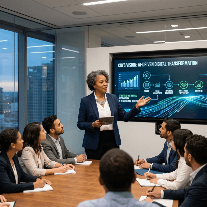 Businesswoman presenting AI digital transformation strategy to colleagues in conference room