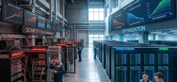 AI data center showing two contrasting sections of scarcity with overcapacity issues and optimization with efficient utilization