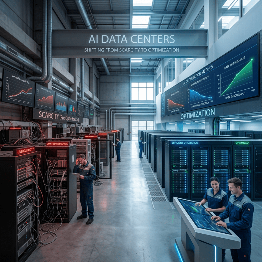 AI data center showing two contrasting sections of scarcity with overcapacity issues and optimization with efficient utilization