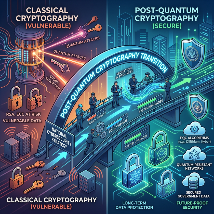 Diagram contrasting classical cryptography vulnerable to quantum attacks with secure post-quantum cryptography transitioning through updates