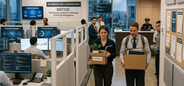 Two employees walking down office hallway carrying boxes during AI restructuring
