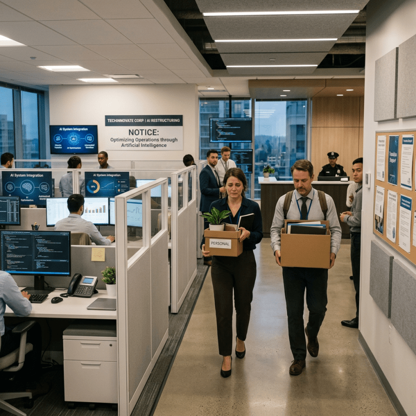Two employees walking down office hallway carrying boxes during AI restructuring