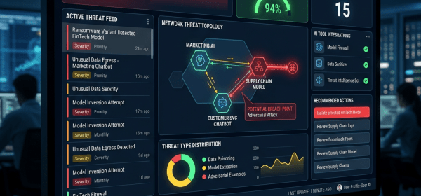 AI Security Command Center dashboard showing total AI threats blocked, active threat feed, system health score, network threat topology, and recommended actions