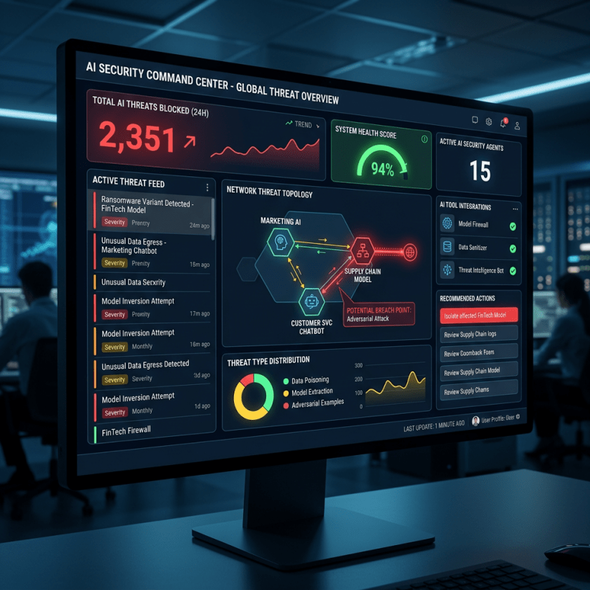AI Security Command Center dashboard showing total AI threats blocked, active threat feed, system health score, network threat topology, and recommended actions