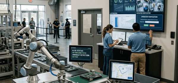 Technicians monitoring AI-controlled robotic assembly and factory analytics screens