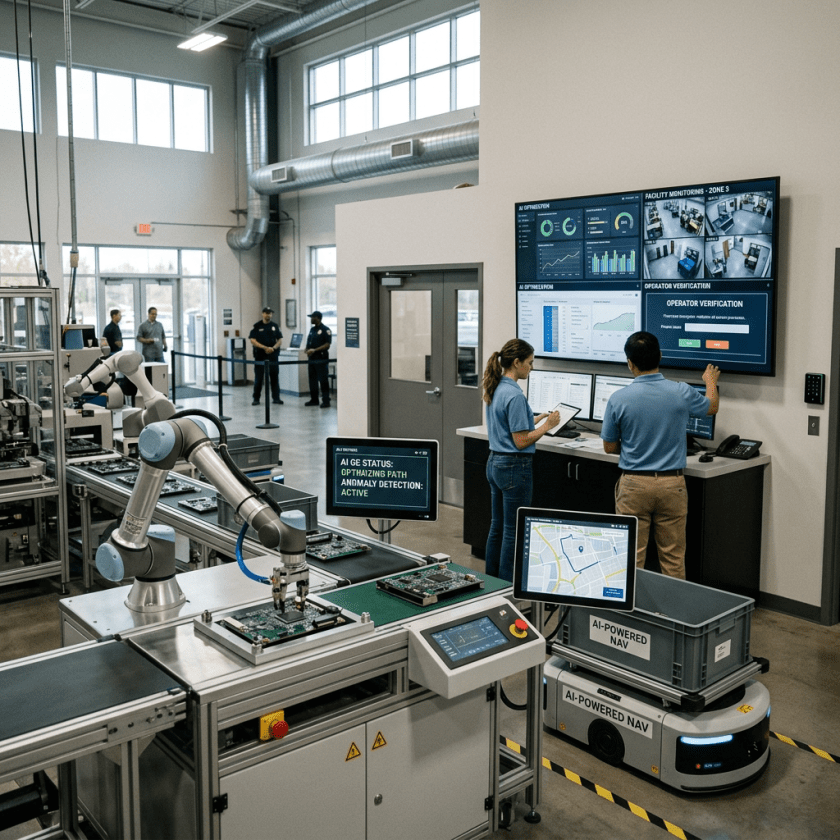 Technicians monitoring AI-controlled robotic assembly and factory analytics screens