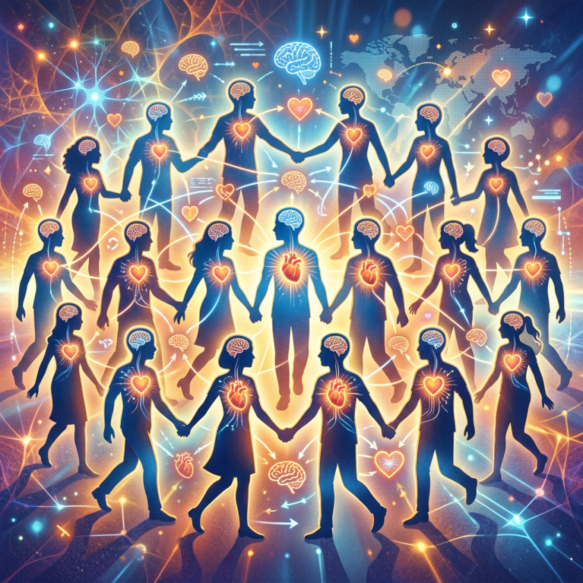 Silhouettes of people holding hands with glowing hearts and brains connected by lines