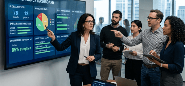 Team analyzing AI governance dashboard showing model risk levels and compliance metrics