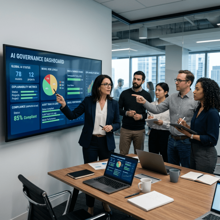 Team analyzing AI governance dashboard showing model risk levels and compliance metrics