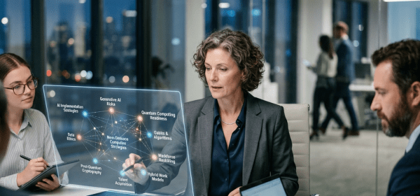 Business team discussing AI and quantum computing concepts using holographic display in office