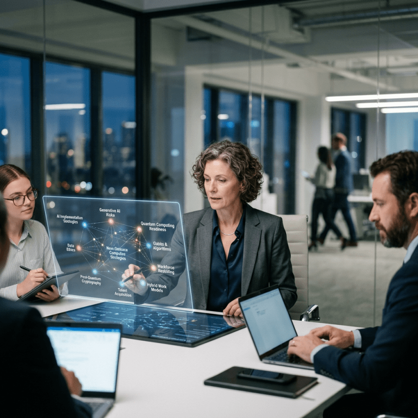 Business team discussing AI and quantum computing concepts using holographic display in office