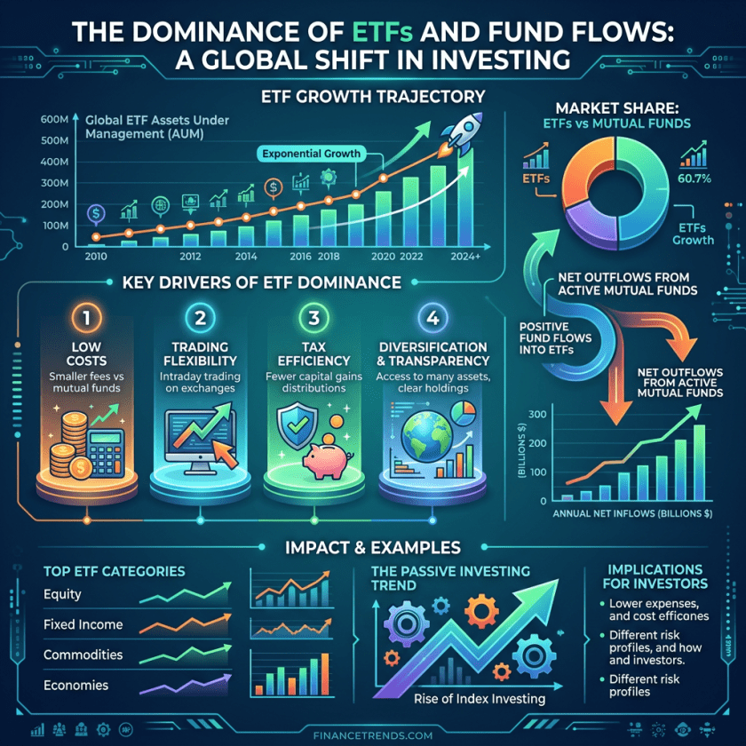 Graph showing exponential growth of global ETF assets from 2010 to 2024+, pie chart comparing ETFs and mutual funds market share, key drivers of ETF dominance, and investing implications
