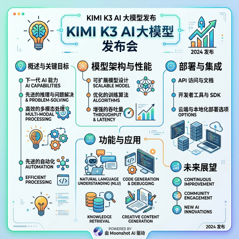 Infographic detailing Kimi K3 AI model launch including goals, architecture, deployment, features, and future outlook