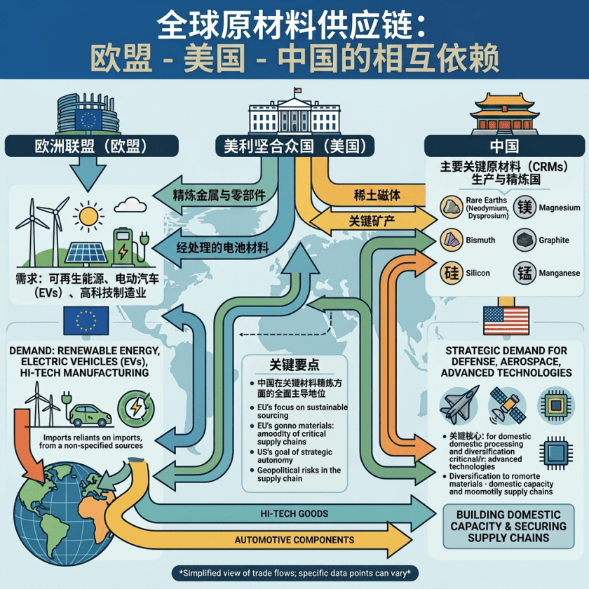 Flow chart of raw materials and components exchanged between European Union, United States, and China highlighting demand, supply, and critical minerals.