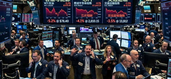 Traders on a busy stock exchange floor with screens showing DJIA down 3.8% and market volatility graphs
