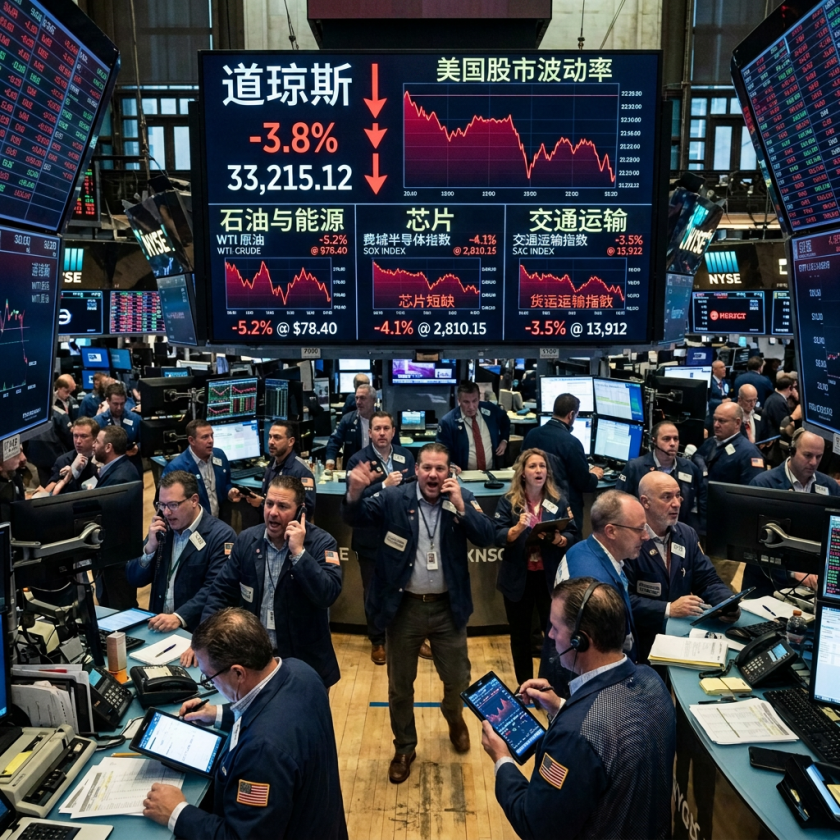 Traders on a busy stock exchange floor with screens showing DJIA down 3.8% and market volatility graphs