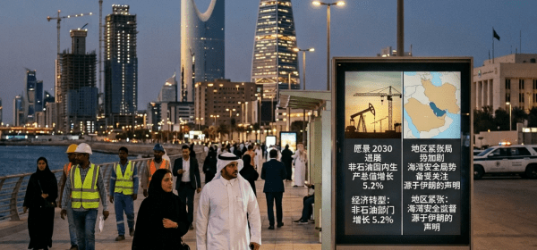 People walking near waterfront promenade in Riyadh with skyscrapers and a news display about economic progress and regional tensions