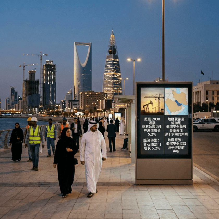 People walking near waterfront promenade in Riyadh with skyscrapers and a news display about economic progress and regional tensions