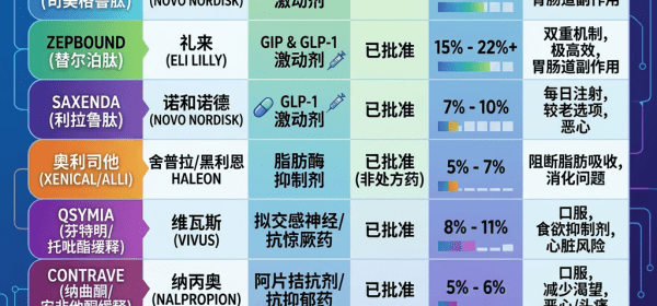 Chart comparing weight loss drugs by manufacturer, mechanism, approval status, average weight loss, and side effects