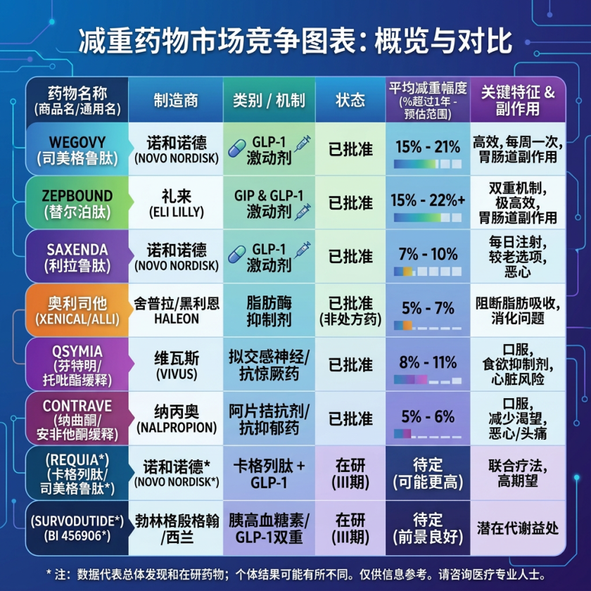 Chart comparing weight loss drugs by manufacturer, mechanism, approval status, average weight loss, and side effects