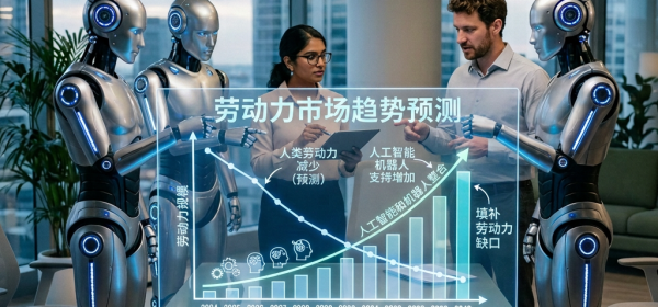 Two humans and four robots discussing projected labor market trends with a digital chart showing shrinking human workforce and increasing AI support.